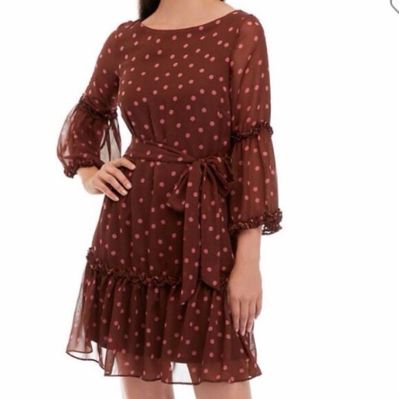 NWT Maison Tara Boho Fit Flare Chiffon Dot Print Dress 3/4 Sleeve Mocha Rose 14 - Picture 6 of 9